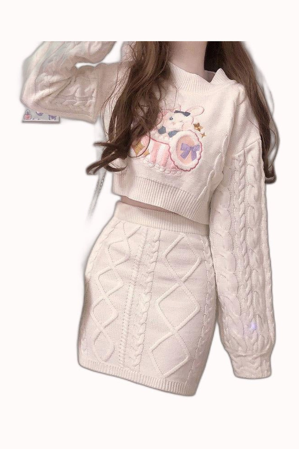 Y2k 2 Set Cute Rabbit Embroidery Kintted Sweater & Skirt
