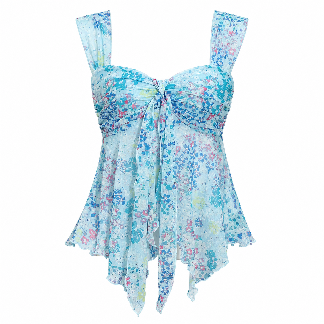 Y2K Floral Mesh Ruched Tie-Front Top
