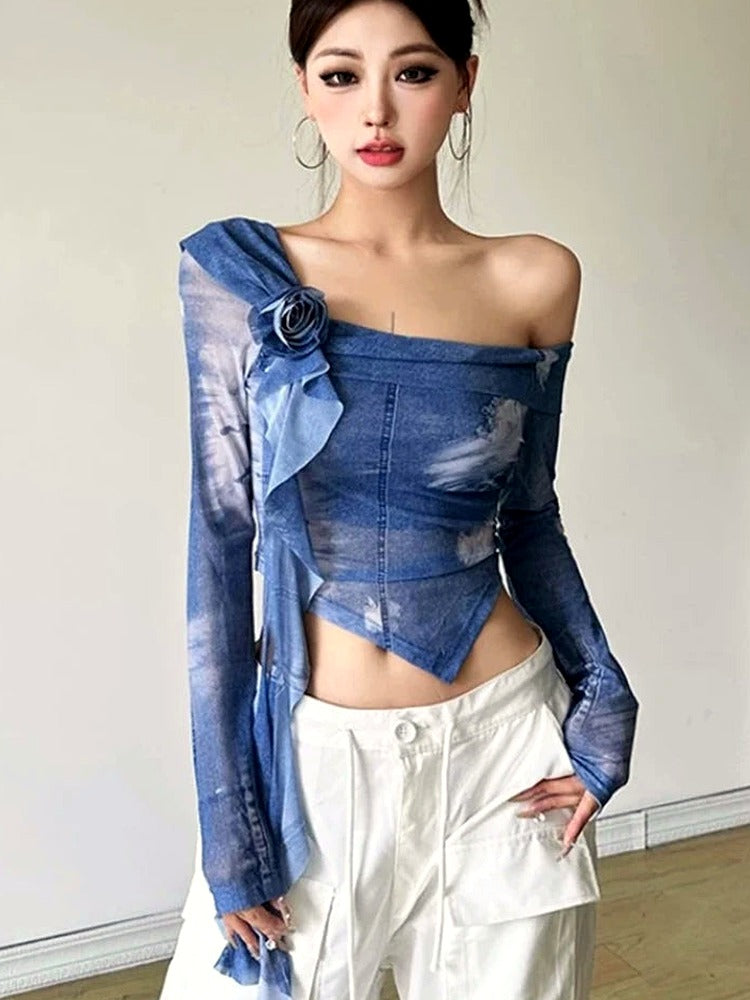 Cloud Wash One-Shoulder Blouse