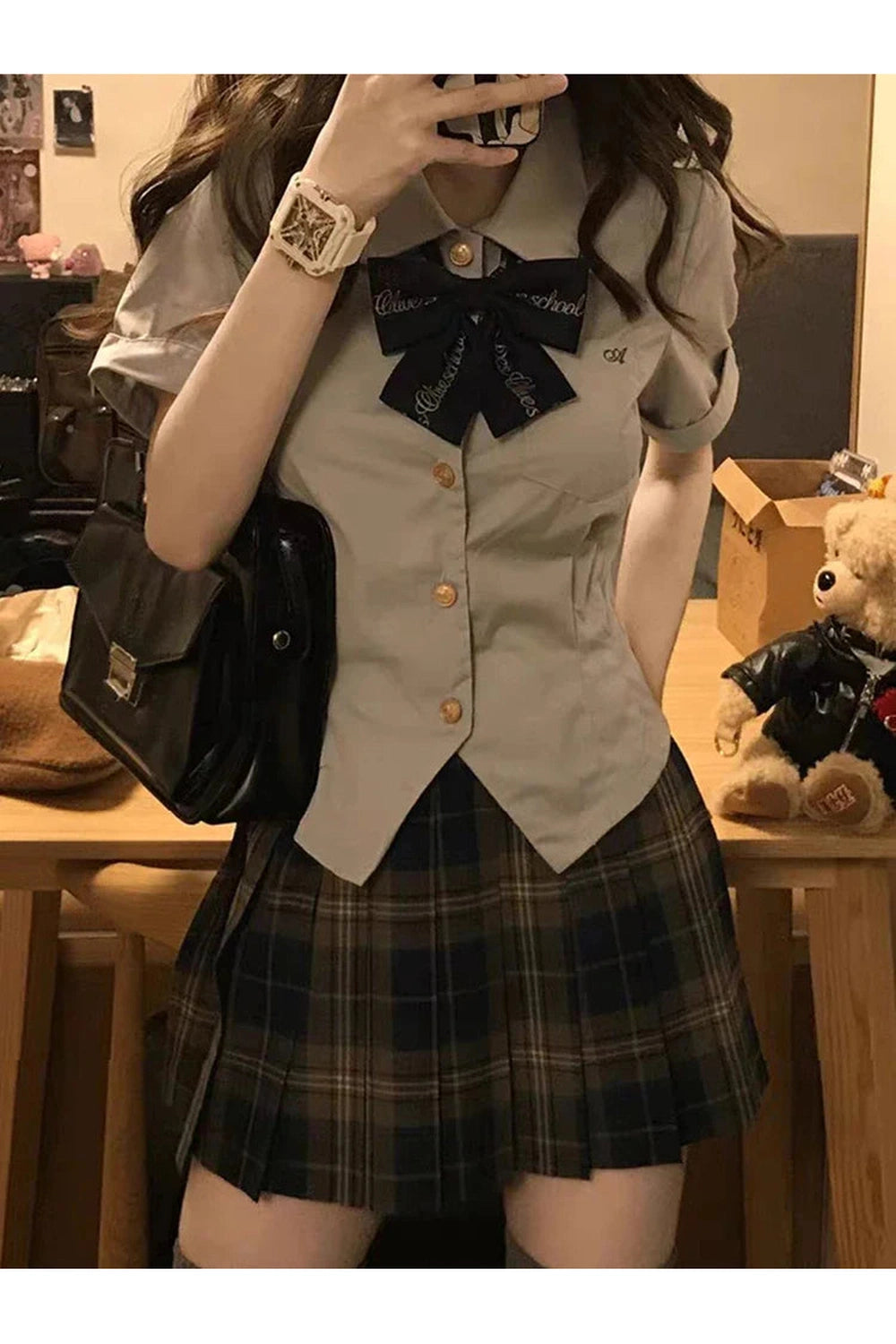 Y2k Japanese Preppy Style High Quality Outfits 2 Piece Set Turn-Down Collar Bow Crop Top + Hight Waist Formal Plaid A-Line Skirt