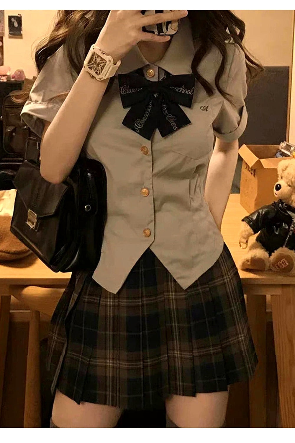Y2k Japanese Preppy Style High Quality Outfits 2 Piece Set Turn-Down Collar Bow Crop Top + Hight Waist Formal Plaid A-Line Skirt