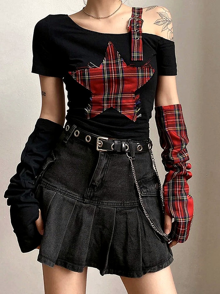 Punk-Karo-Bauchfreies Top mit Sternen