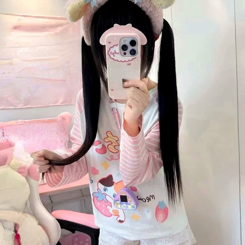 Japanese Patchwork Pink Stripe Casual T-shirt Autumn Cartoon Printing Harajuku Tops Grunge Kawaii Cute Y2k Aesthetic Tshirts
