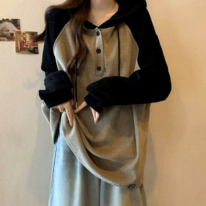 Two-Tone Button-Up Hooded Sweatshirt
