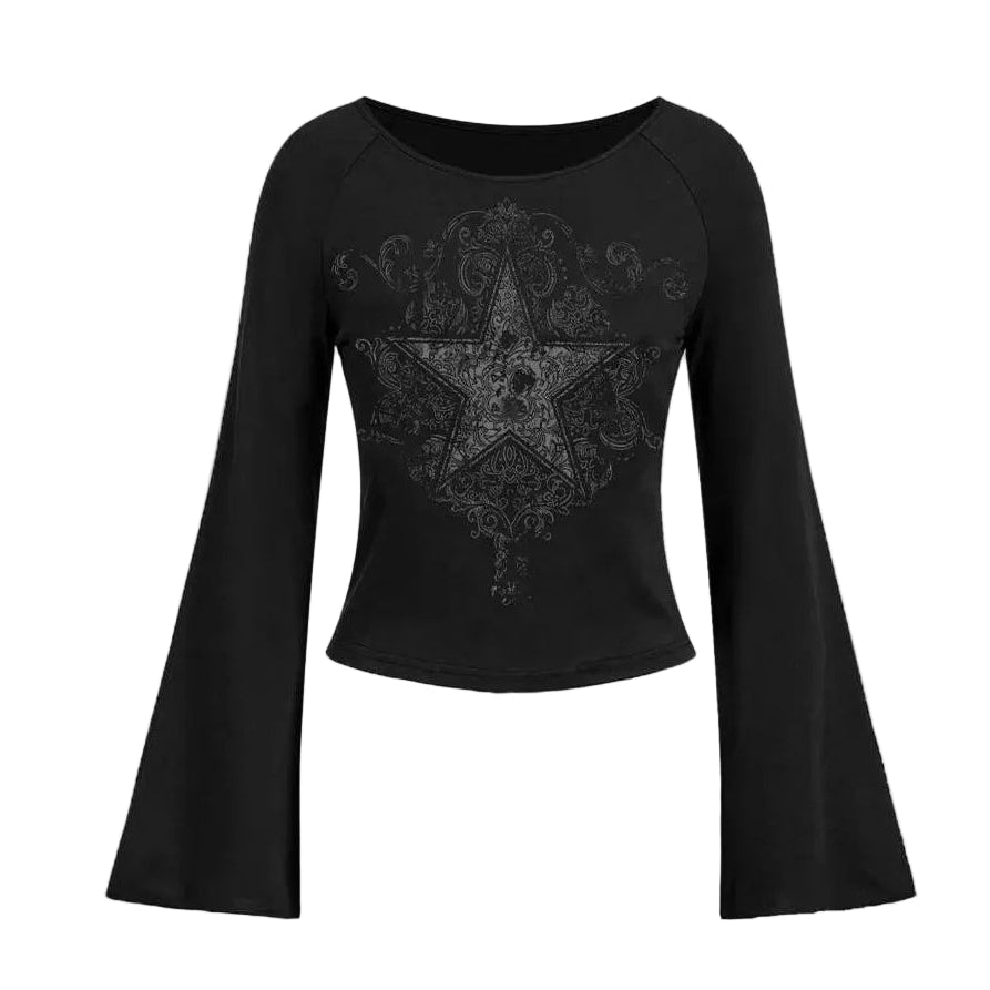 Goth Y2k Pentagram Flare Sleeve Top