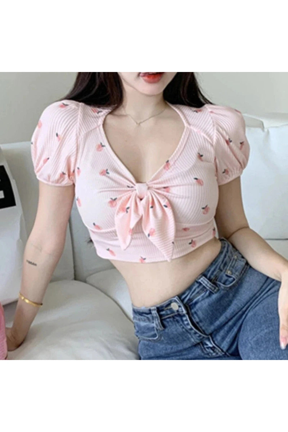 Y2k Kawaii Floral Sexy T-shirts Women Crop Tops Summer Bow Sweet Puff Sleeve Hot Girls European Slim Temper Футболка Женский
