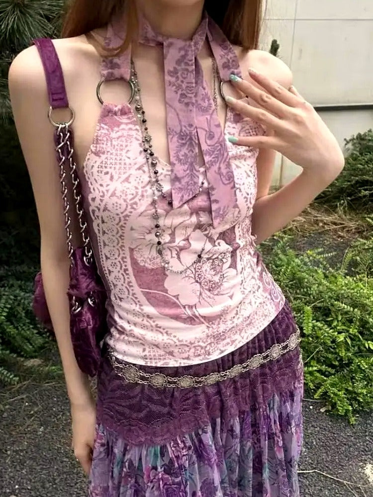 Vintage Charm Scarf Halter Top