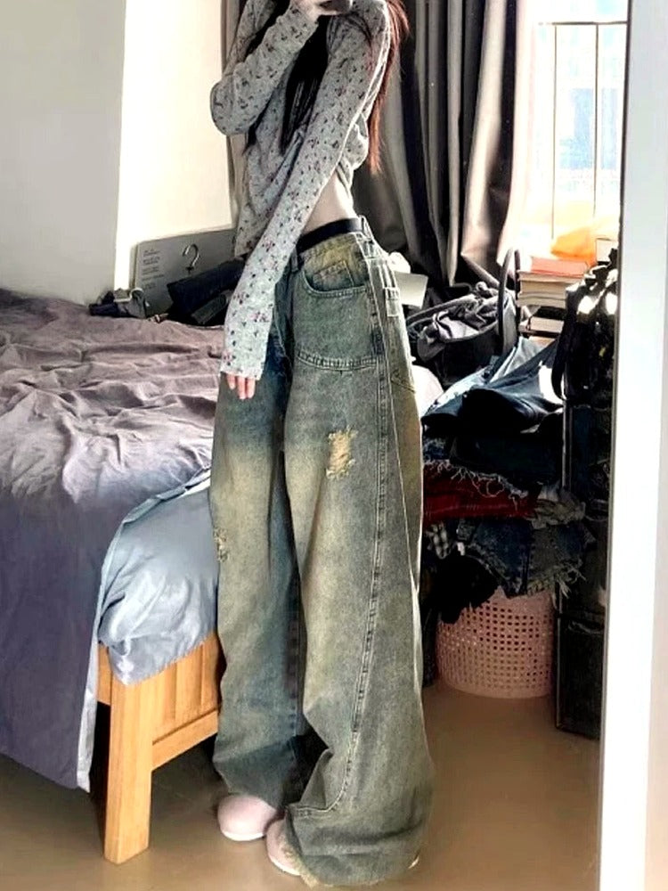 Vintage Fade Distressed Wide-Leg Jeans
