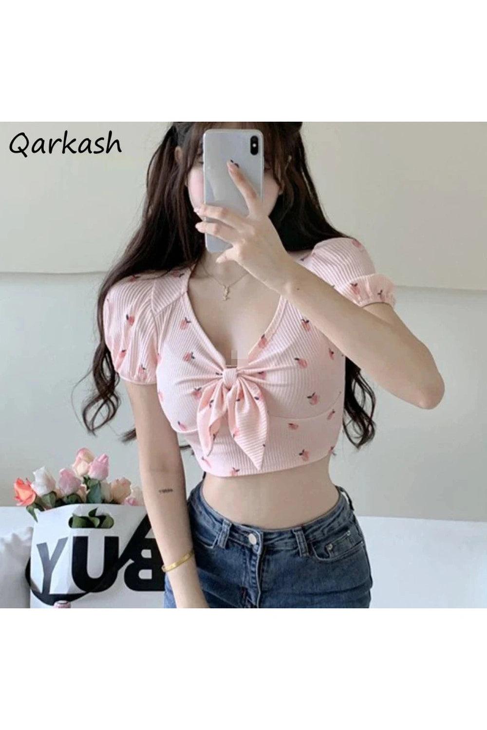 Y2k Kawaii Floral Sexy T-shirts Women Crop Tops Summer Bow Sweet Puff Sleeve Hot Girls European Slim Temper Футболка Женский