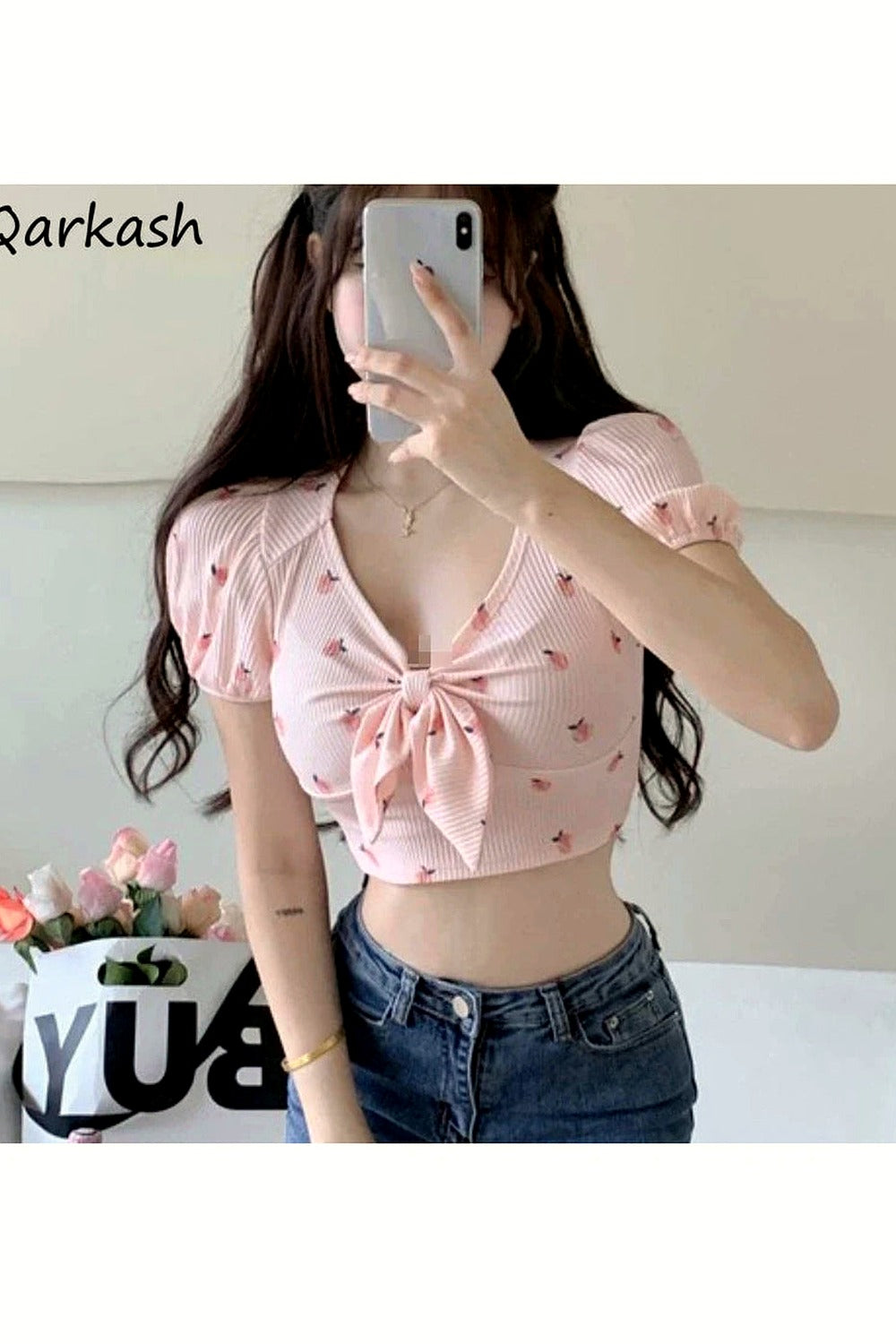 Y2k Kawaii Floral Sexy T-shirts Women Crop Tops Summer Bow Sweet Puff Sleeve Hot Girls European Slim Temper Футболка Женский