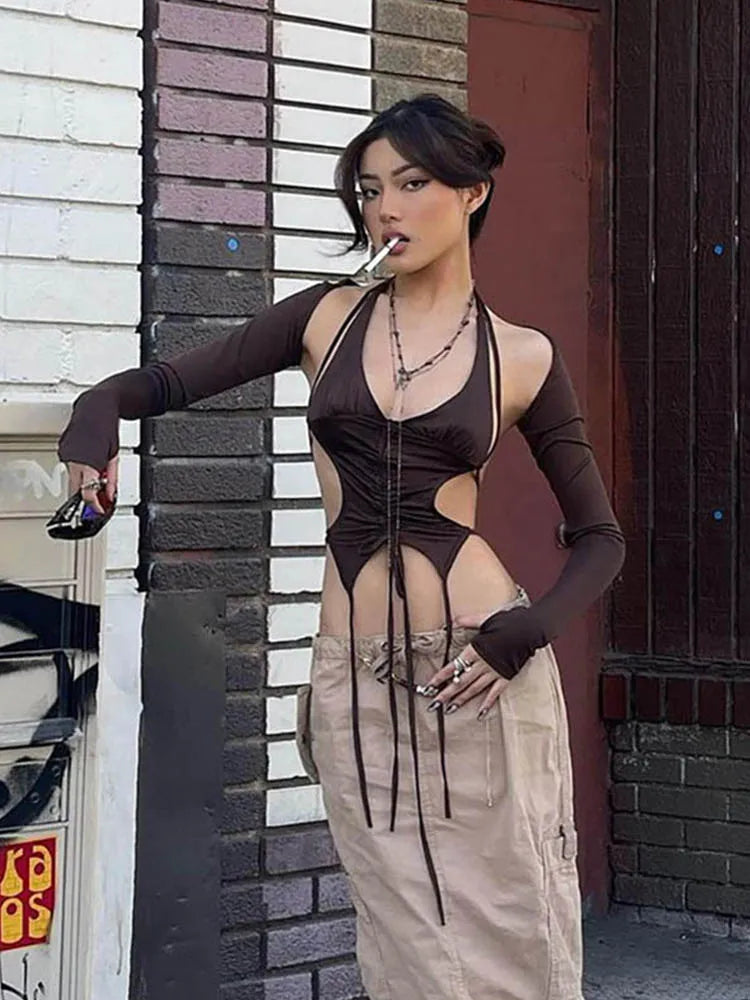 Mocha Ruched Tie-Up Top