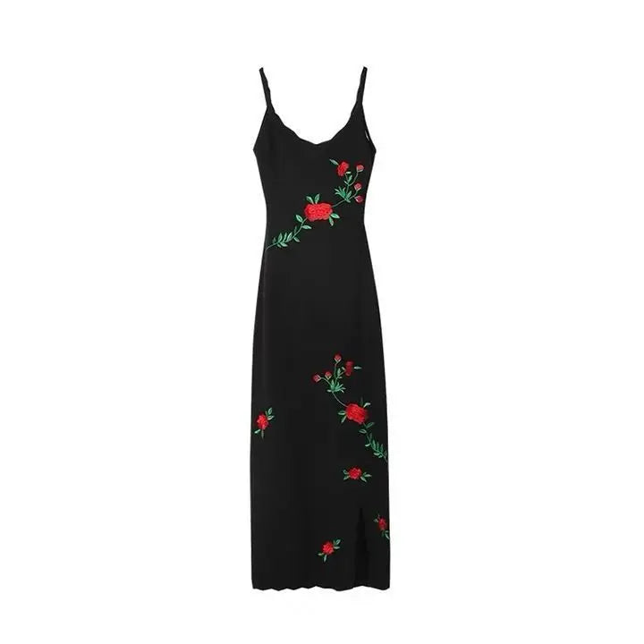 Goth Y2k Crimson Rose Embroidered Slip Dress