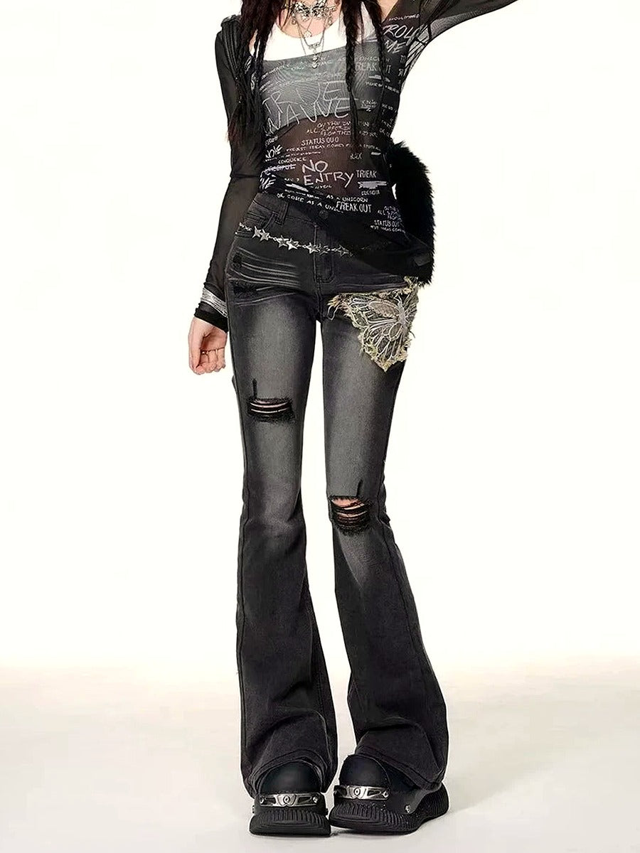 Gothic Butterfly Distressed Flare Jeans