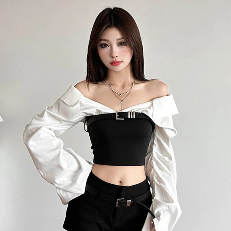 Monochrome Buckled Off-Shoulder Top