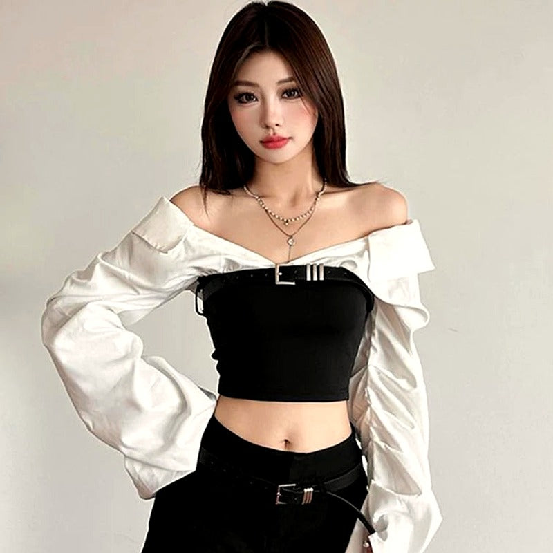 Monochrome Buckled Off-Shoulder Top