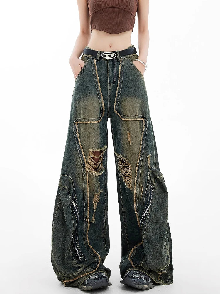 Grunge Zipper Wide-Leg Jeans
