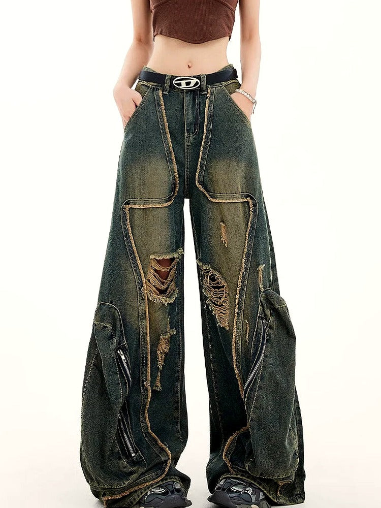 Grunge Zipper Wide-Leg Jeans
