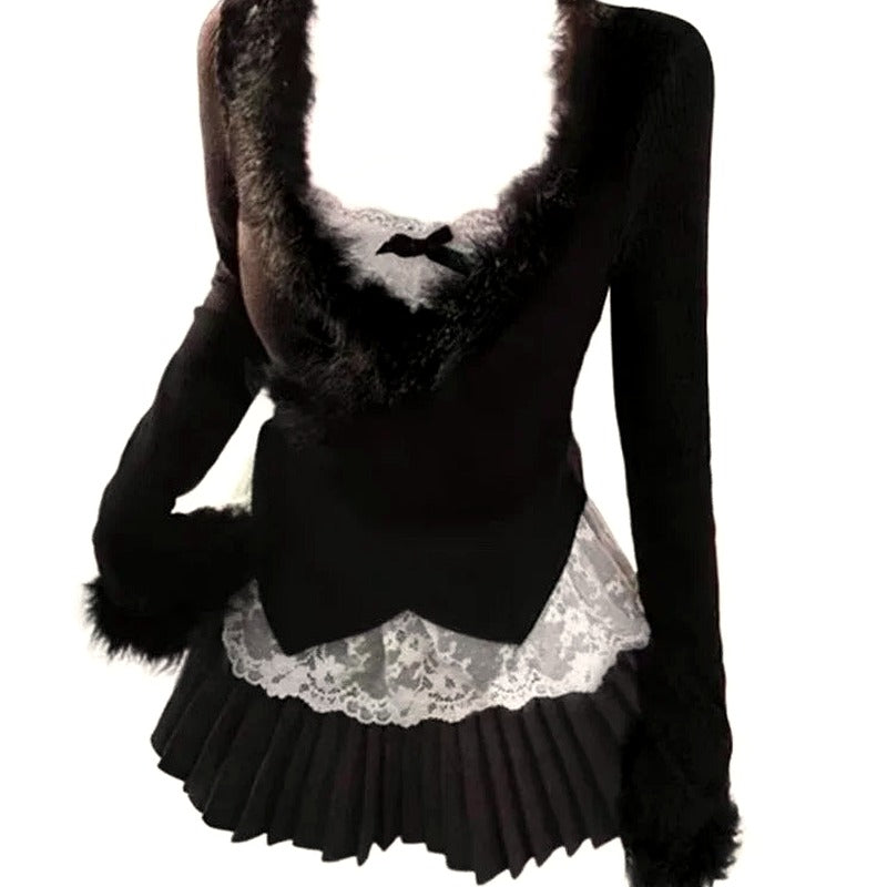 Midnight Elegance Outfit-Set mit Pelzbesatz