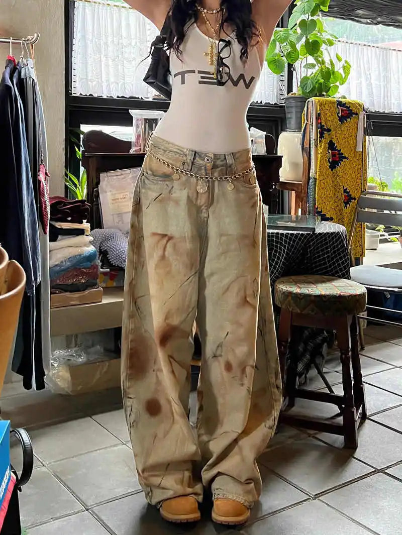 Distressed Grunge Wide-Leg Jeans