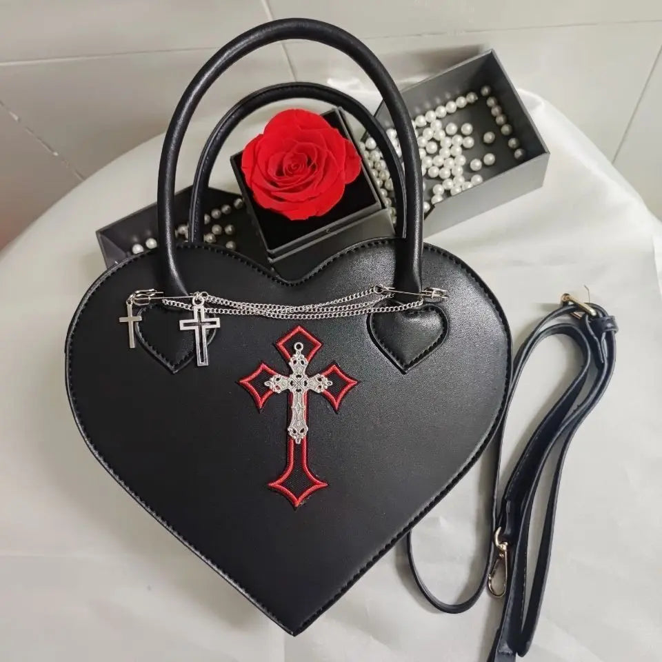 Gothic Style Women's Love Heart Purse Handbags Y2k Hot Girls Punk Shoulder Bag Metal Decoration Female Black Cool Messenger Bags