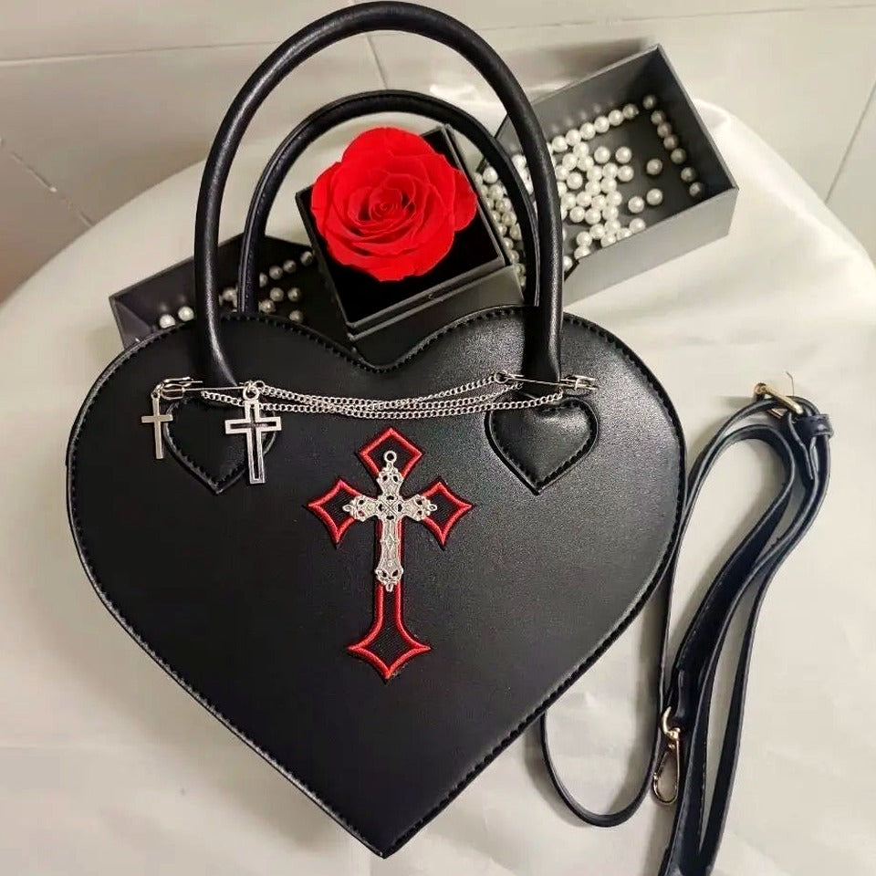 Gothic Style Women's Love Heart Purse Handbags Y2k Hot Girls Punk Shoulder Bag Metal Decoration Female Black Cool Messenger Bags