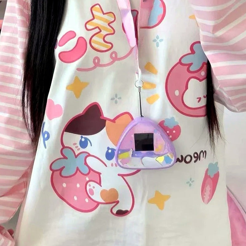 Japanese Patchwork Pink Stripe Casual T-shirt Autumn Cartoon Printing Harajuku Tops Grunge Kawaii Cute Y2k Aesthetic Tshirts