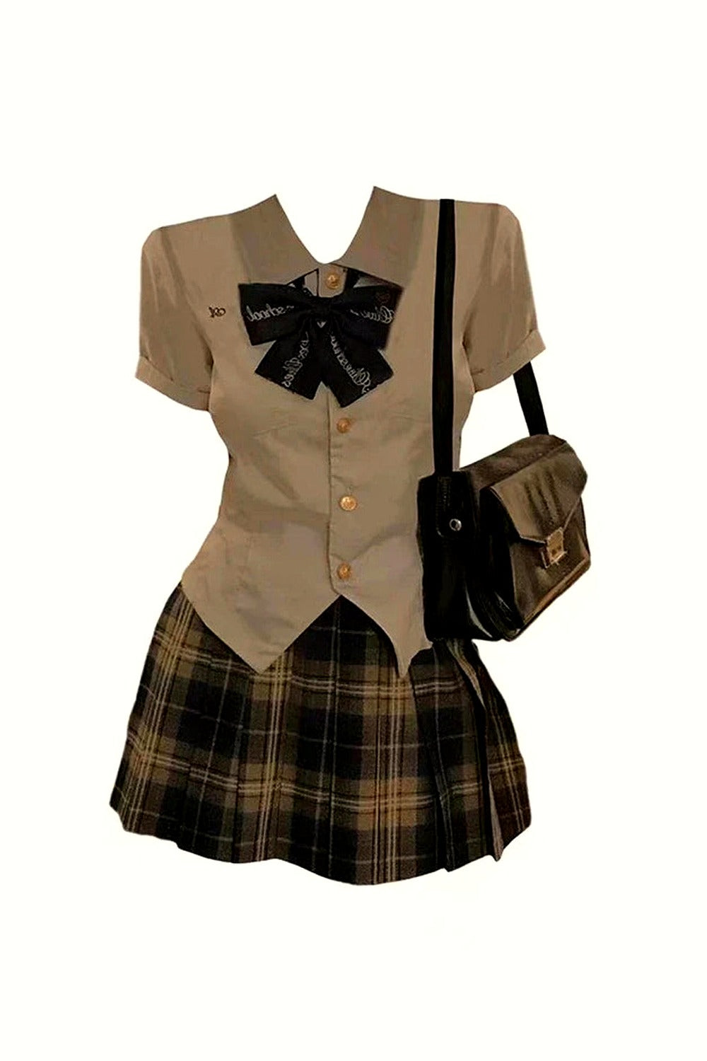 Y2k Japanese Preppy Style High Quality Outfits 2 Piece Set Turn-Down Collar Bow Crop Top + Hight Waist Formal Plaid A-Line Skirt