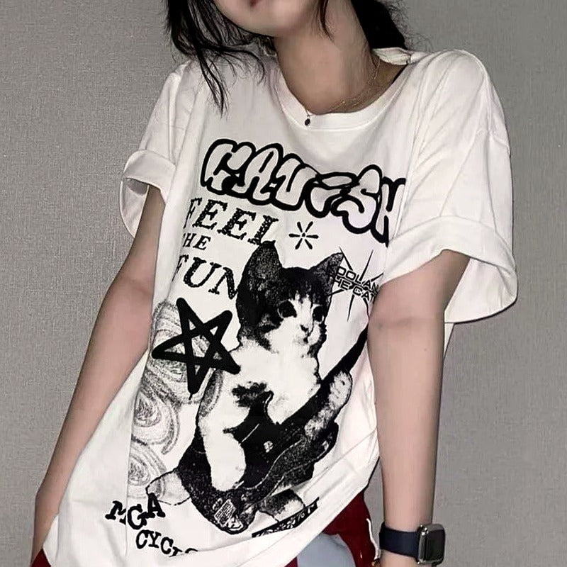 Oversize-T-Shirt mit Punk-Katzen-Grafik