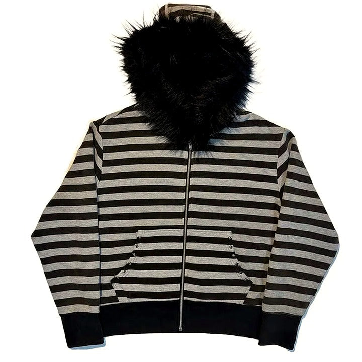 Midnight Stripes Faux Fur Hoodie
