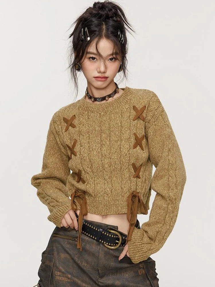 Lace-Up Cable Knit Crop Sweater