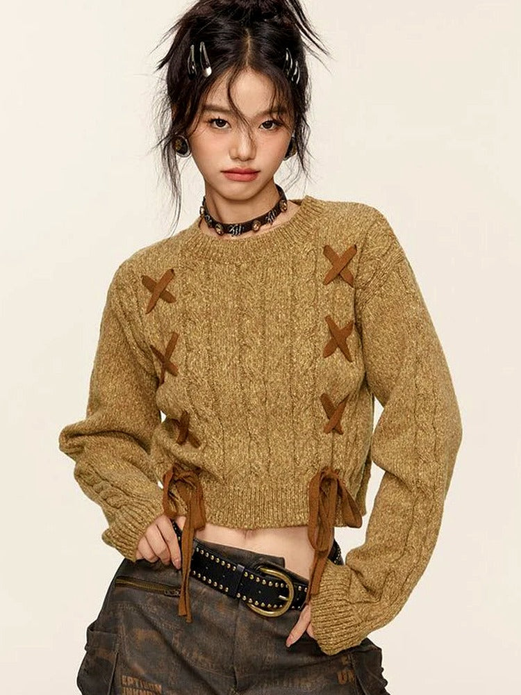 Lace-Up Cable Knit Crop Sweater