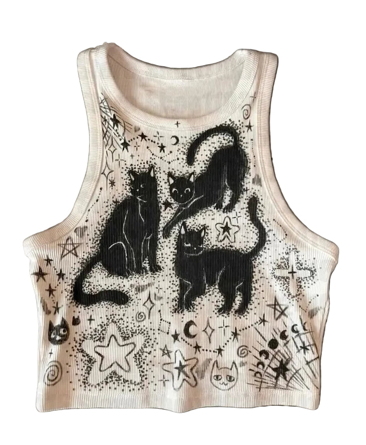 Goth Y2k Black Cat Coven Ribbed Crop Top
