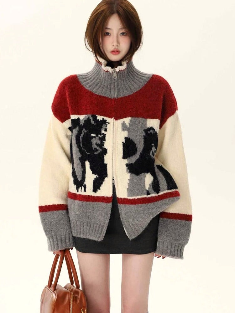 Abstract Knit Zip-Up Cardigan