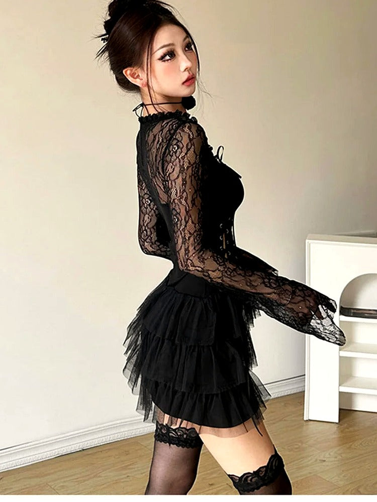 Gothic Lace Tiered Mini Dress