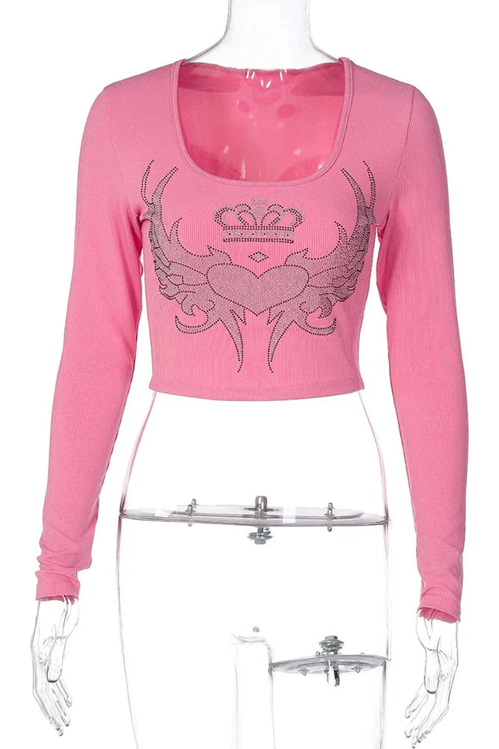 Y2k Hugcitar Sequined Graphic Long Sleeve Pink Kawaii Sexy Slim Crop T-Shirt Top 2023 Fall Women Clothes Festival Rave Party