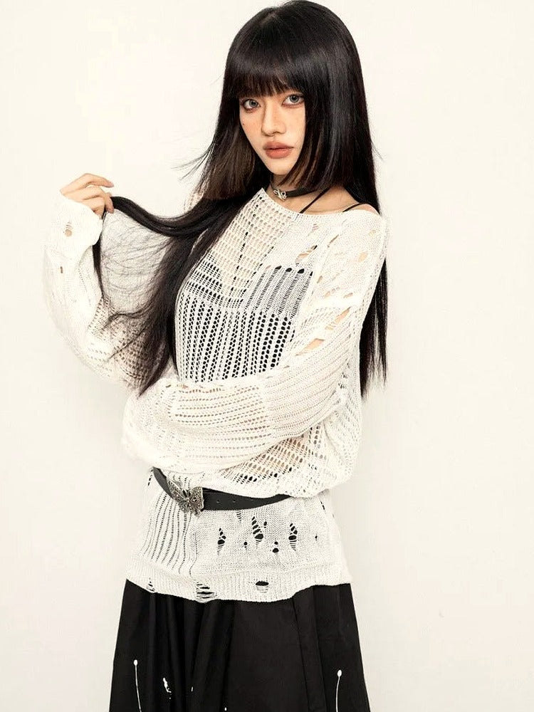 Void Wings Distressed Mesh Sweater