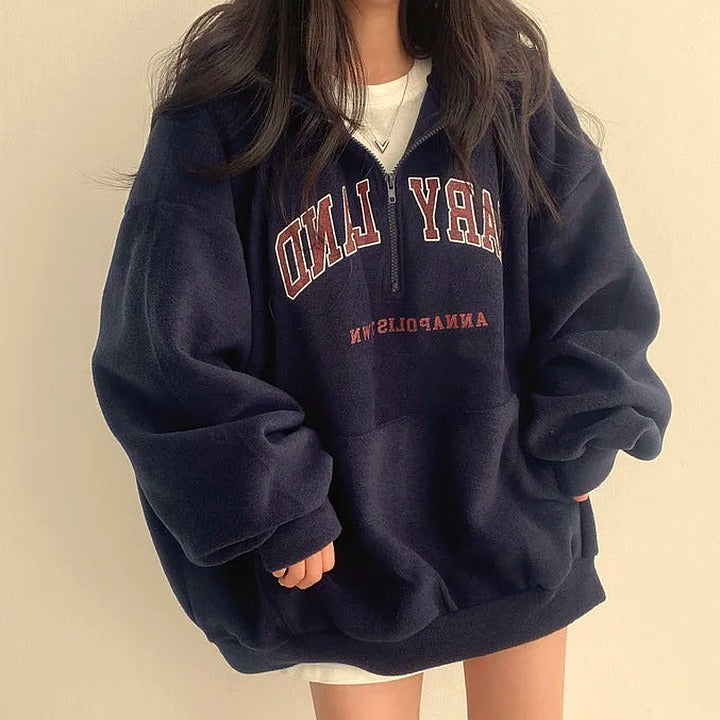 Retro Campus Kapuzenjacke mit halbem Reißverschluss