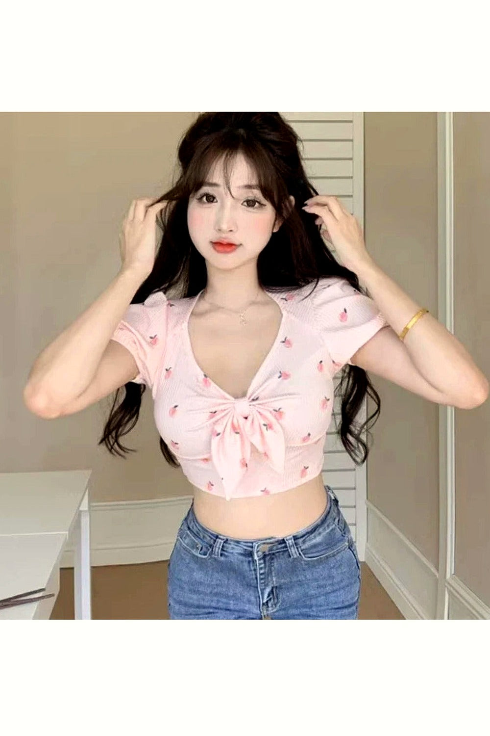 Y2k Kawaii Floral Sexy T-shirts Women Crop Tops Summer Bow Sweet Puff Sleeve Hot Girls European Slim Temper Футболка Женский
