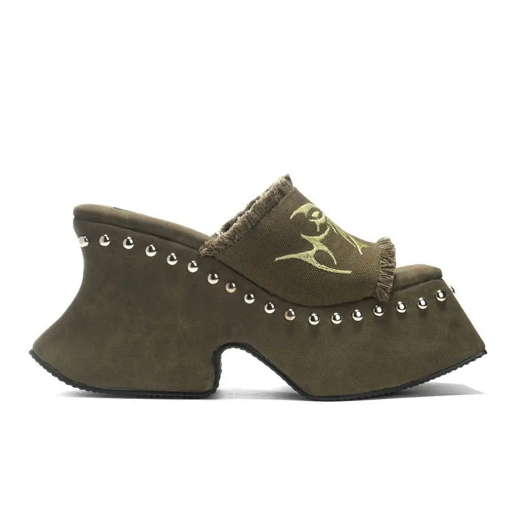 Goth Y2k Skull Rivet Platform Mule Shoe