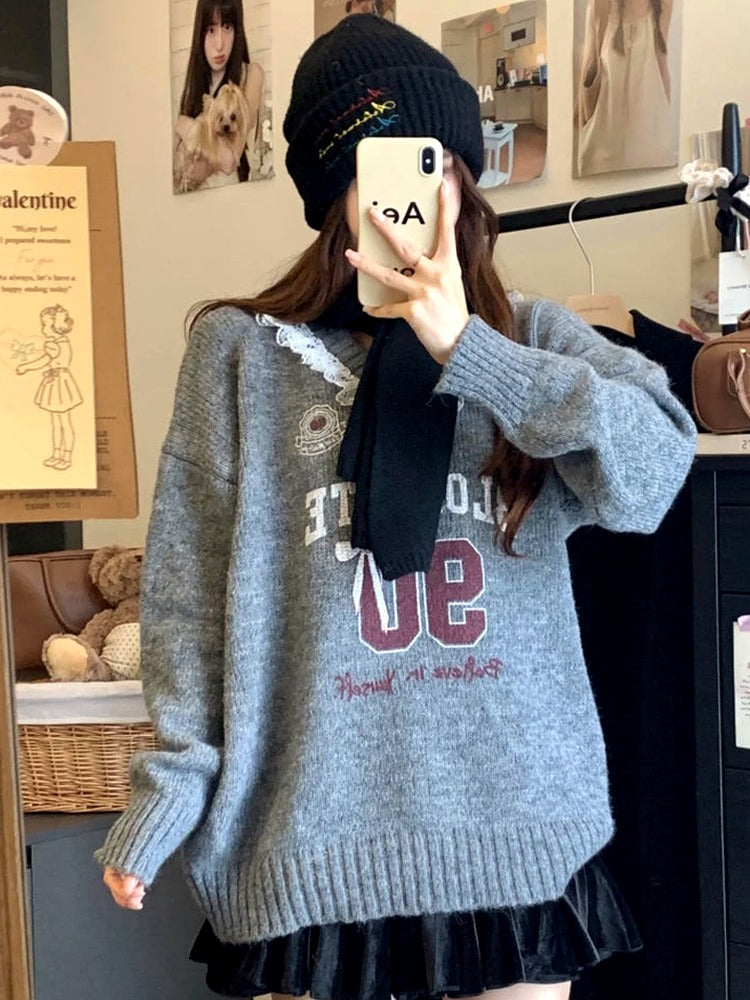 Pink Lace-Trim Graphic Knit Sweater