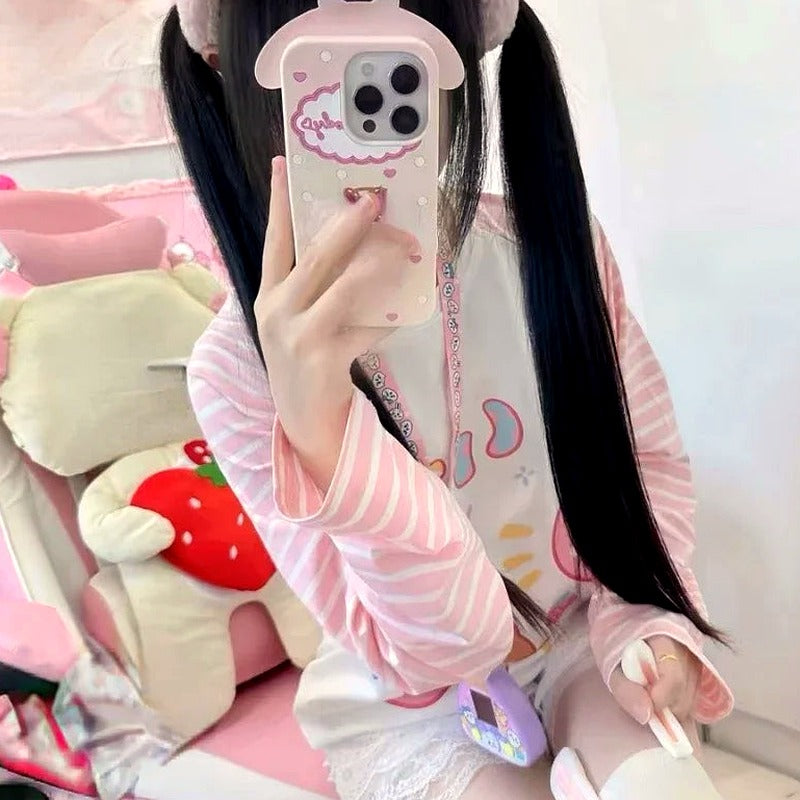 Japanese Patchwork Pink Stripe Casual T-shirt Autumn Cartoon Printing Harajuku Tops Grunge Kawaii Cute Y2k Aesthetic Tshirts