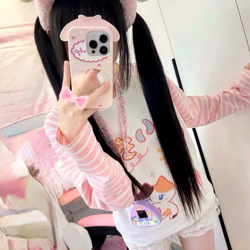 Japanese Patchwork Pink Stripe Casual T-shirt Autumn Cartoon Printing Harajuku Tops Grunge Kawaii Cute Y2k Aesthetic Tshirts