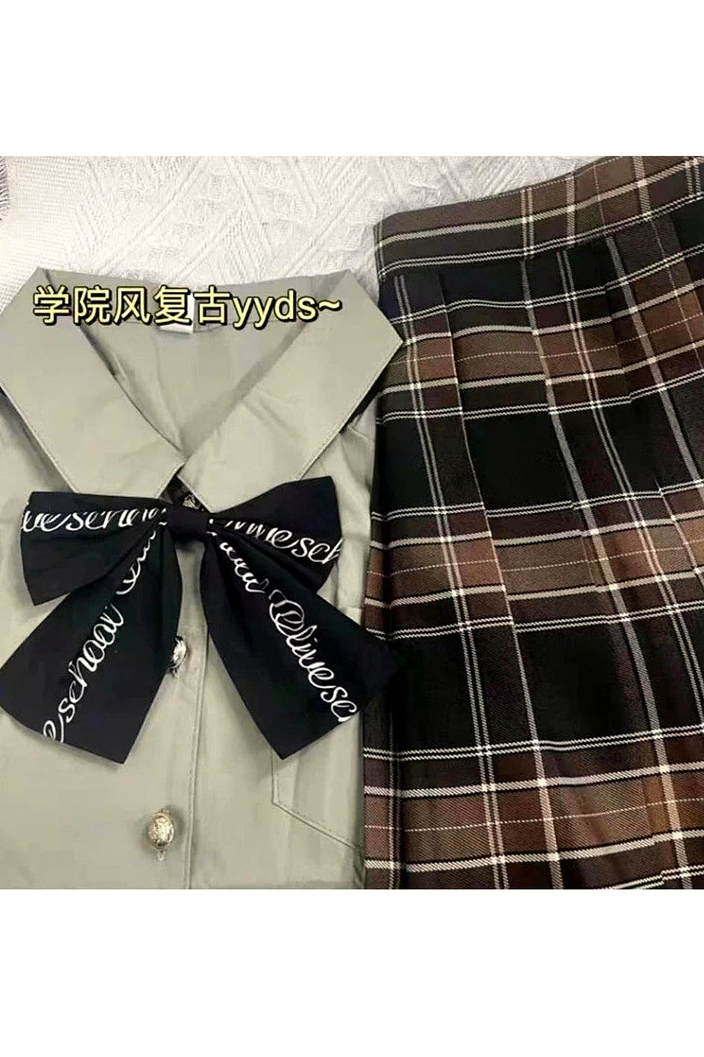 Y2k Japanese Preppy Style High Quality Outfits 2 Piece Set Turn-Down Collar Bow Crop Top + Hight Waist Formal Plaid A-Line Skirt