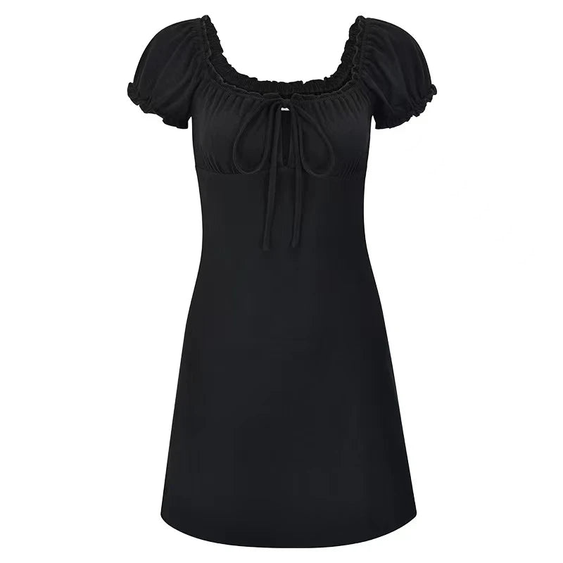 Goth Y2k Ruched Ribbon Tie Mini Dress in Midnight Black