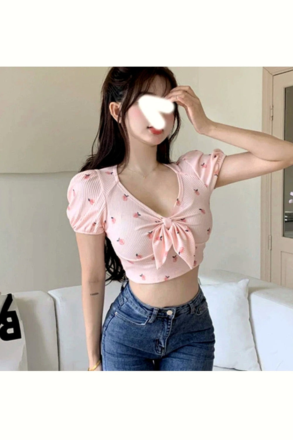 Y2k Kawaii Floral Sexy T-shirts Women Crop Tops Summer Bow Sweet Puff Sleeve Hot Girls European Slim Temper Футболка Женский