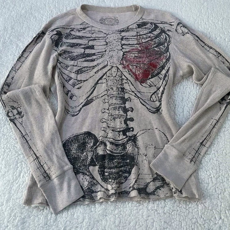 Skeleton Print Waffle Knit Top