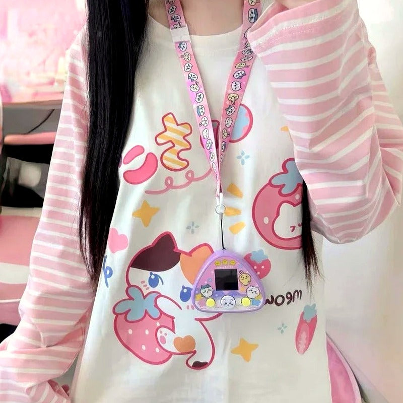 Japanese Patchwork Pink Stripe Casual T-shirt Autumn Cartoon Printing Harajuku Tops Grunge Kawaii Cute Y2k Aesthetic Tshirts