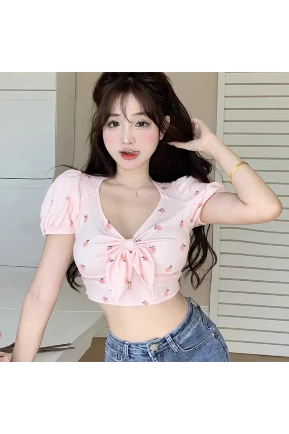 Y2k Kawaii Floral Sexy T-shirts Women Crop Tops Summer Bow Sweet Puff Sleeve Hot Girls European Slim Temper Футболка Женский