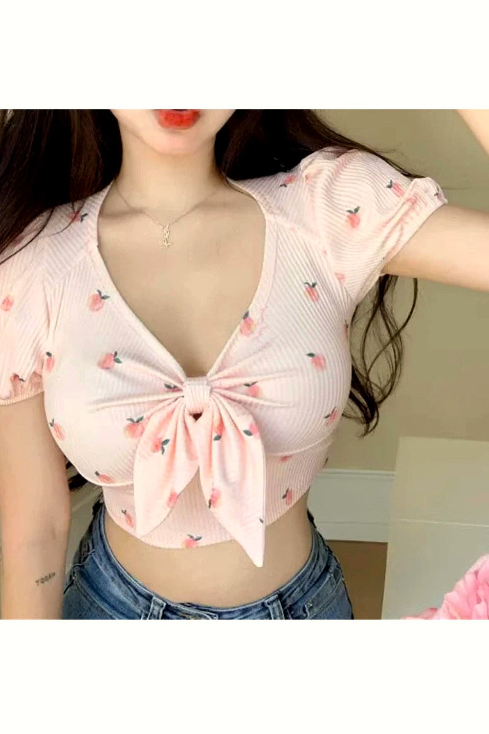 Y2k Kawaii Floral Sexy T-shirts Women Crop Tops Summer Bow Sweet Puff Sleeve Hot Girls European Slim Temper Футболка Женский
