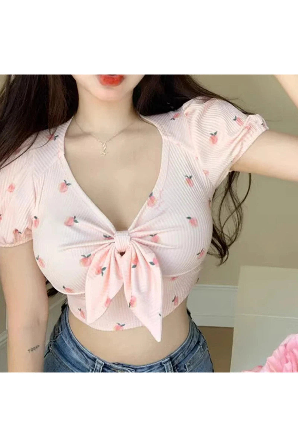 Y2k Kawaii Floral Sexy T-shirts Women Crop Tops Summer Bow Sweet Puff Sleeve Hot Girls European Slim Temper Футболка Женский